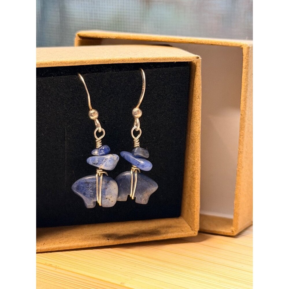 Sterling Silver Sodalite Bear Dangle Earrings Handmade With Box New